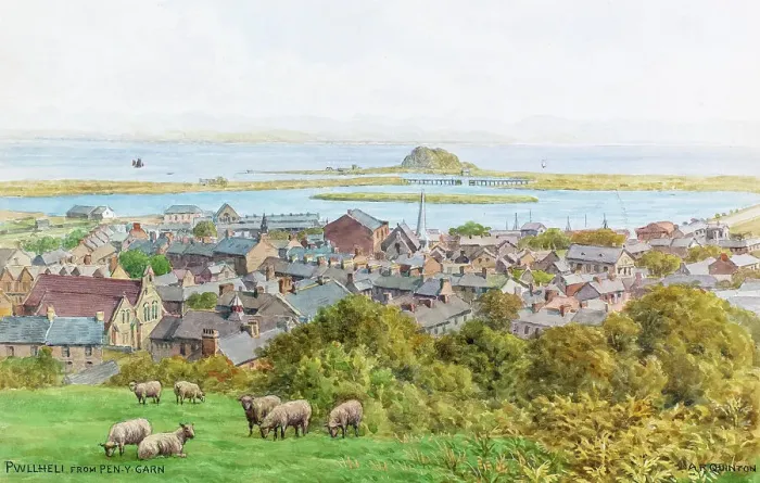 Framed Print : Pwllheli, North Wales, viewed from Pen Y Garn mountain Framed Print : Pwllheli, North Wales, viewed from Pen Y Garn mountain