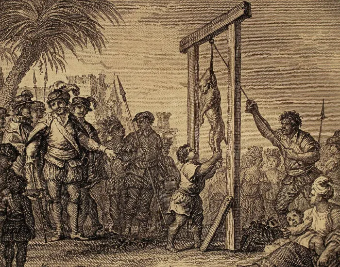 Framed Print : Quaker's group hanging a dog condemned by warlock. Engraving Framed Print : Quaker's group hanging a dog condemned by warlock. Engraving