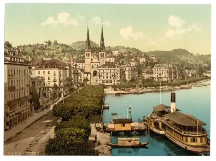 Framed Print : The quay, Hotels Schweizerhof and National and Cathedral fro Framed Print : The quay, Hotels Schweizerhof and National and Cathedral fro