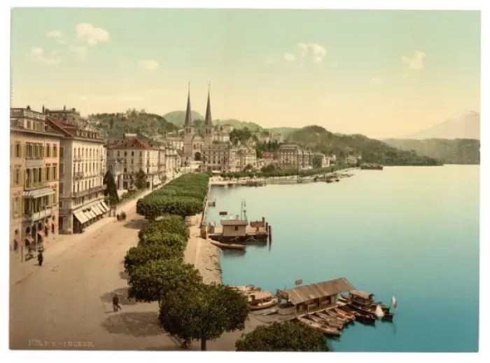 Framed Print : The quay, from the Swan Hotel, Lucerne, Switzerland Framed Print : The quay, from the Swan Hotel, Lucerne, Switzerland