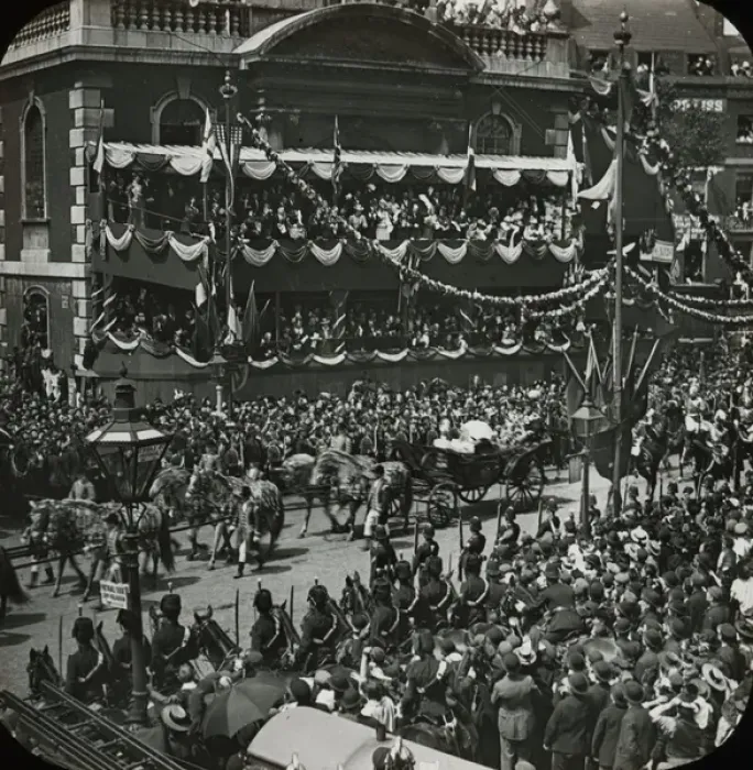 Framed Print : The Queen. Black and white. A procession centred around a horsedrawn carriage; Framed Print : The Queen. Black and white. A procession centred around a horsedrawn carriage;