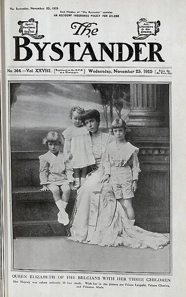 Queen Elizabeth of Belgium, with her three children, Prince Leopold, Prince Charles, and Princess Marie, formal studio portrait on steps by a column. The Queen had been taken seriously ill the previous week