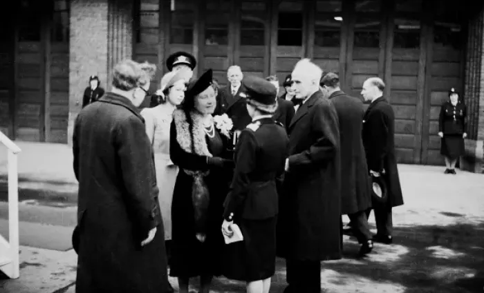 Framed Print : Queen Elizabeth reviews firewomen at Lambeth HQ, WW2 Framed Print : Queen Elizabeth reviews firewomen at Lambeth HQ, WW2