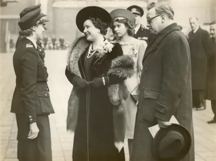 Framed Print : Queen Elizabeth reviews firewomen at Lambeth HQ, WW2 Framed Print : Queen Elizabeth reviews firewomen at Lambeth HQ, WW2
