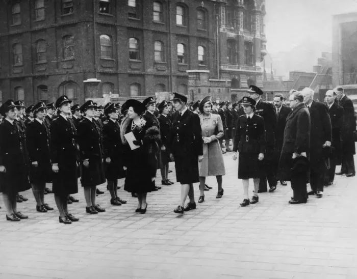 Framed Print : Queen Elizabeth reviews firewomen at Lambeth, WW2 Framed Print : Queen Elizabeth reviews firewomen at Lambeth, WW2
