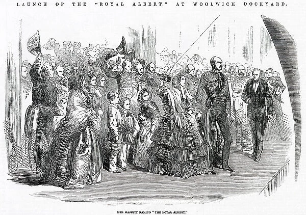Queen Victoria naming the ship Royal Albert at Woolwich Dockyard in London. Date: 1854