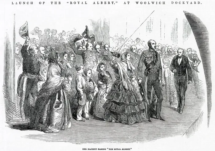Framed Print : Queen Victoria naming the ship Royal Albert at Woolwich Dockyard in London. Date: 1854 Framed Print : Queen Victoria naming the ship Royal Albert at Woolwich Dockyard in London. Date: 1854