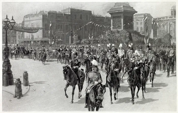 Framed Print : Queen Victoria's carriage passing The National Gallery in Trafalgar Square, London. Date: 20th June 1897 Framed Print : Queen Victoria's carriage passing The National Gallery in Trafalgar Square, London. Date: 20th June 1897