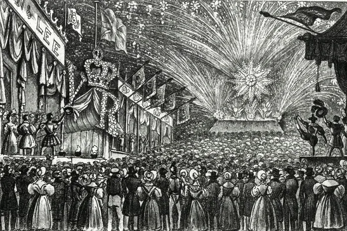 Framed Print : Queen Victoria's Coronation Fair, with fireworks, Hyde Park Framed Print : Queen Victoria's Coronation Fair, with fireworks, Hyde Park