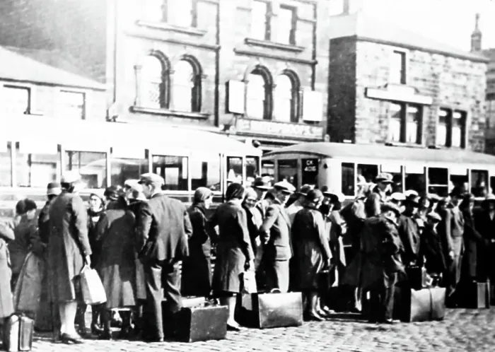 Framed Print : Queue for buses in Burnley, probably Wakes Week Framed Print : Queue for buses in Burnley, probably Wakes Week