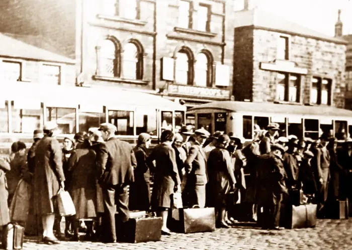 Framed Print : Queue for buses in Burnley, probably Wakes Week Framed Print : Queue for buses in Burnley, probably Wakes Week
