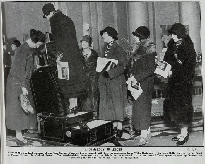 Framed Print : Queue of women for shoefitting xray machine, at Messrs Babers, Oxford Street, London. Captioned, Our twenty first birthday Gifts and Recipients and A Symphony in Shoes Framed Print : Queue of women for shoefitting xray machine, at Messrs Babers, Oxford Street, London. Captioned, Our twenty first birthday Gifts and Recipients and A Symphony in Shoes