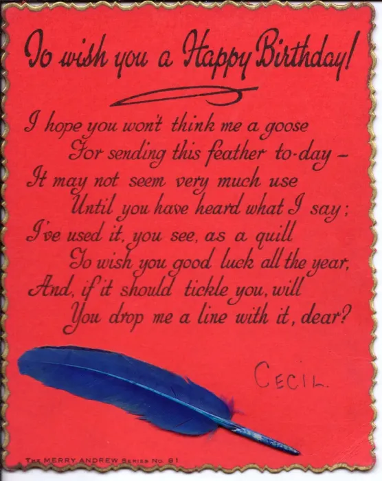 Framed Print : Quill pen with comic verse on a birthday card Framed Print : Quill pen with comic verse on a birthday card
