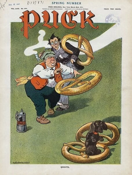 Quoits. Illustration shows a rotund elderly man playing quoits