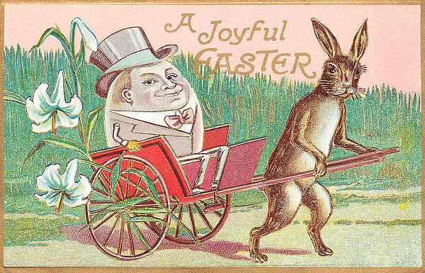 Rabbit pulling large egg in a cart on an Easter postcard