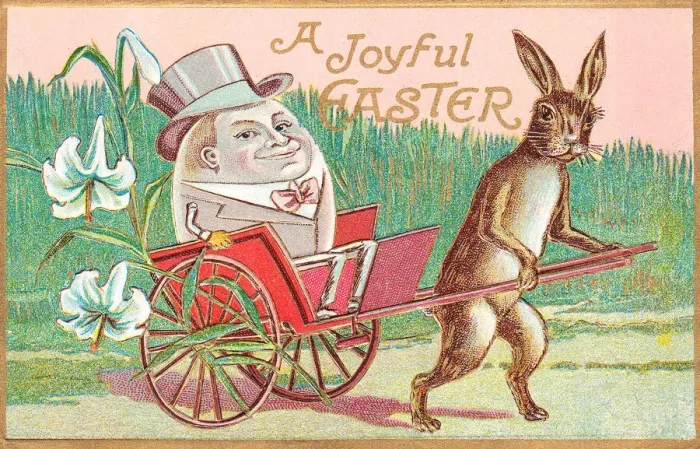 Framed Print : Rabbit pulling large egg in a cart on an Easter postcard Framed Print : Rabbit pulling large egg in a cart on an Easter postcard