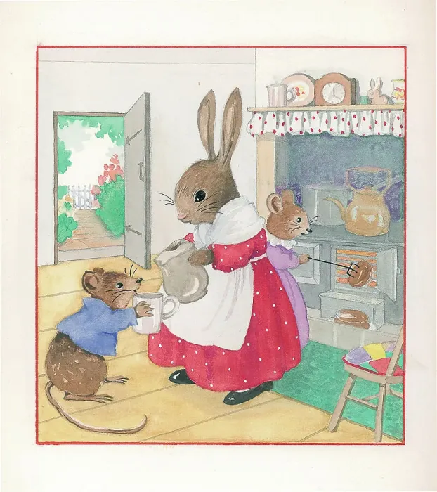 Framed Print : Rabbits by the hearth by Rosamund Martin