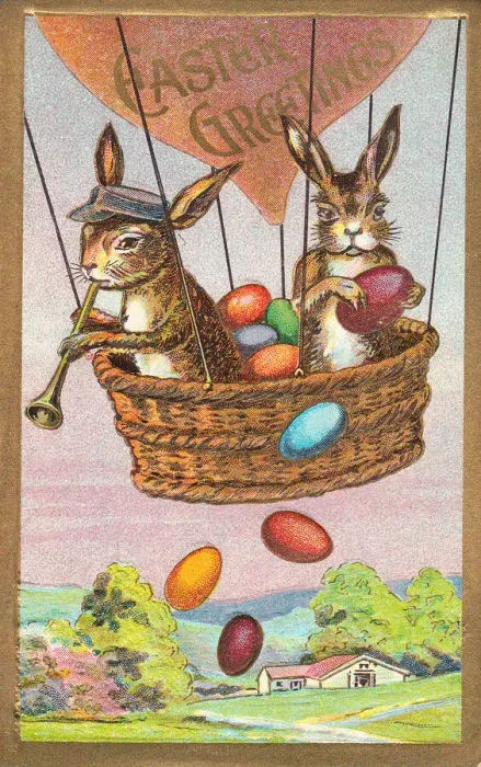 Framed Print : Rabbits in a balloon on an Easter postcard Framed Print : Rabbits in a balloon on an Easter postcard