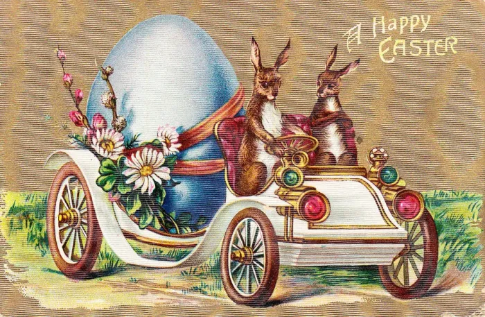 Framed Print : Rabbits in a car on an Easter postcard Framed Print : Rabbits in a car on an Easter postcard