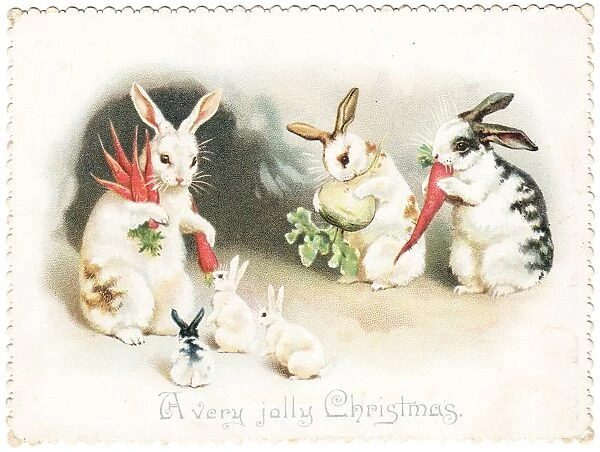 Rabbits with carrots on a Christmas card
