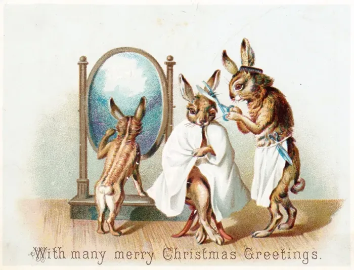 Framed Print : Three rabbits having a trim on a Christmas card Framed Print : Three rabbits having a trim on a Christmas card