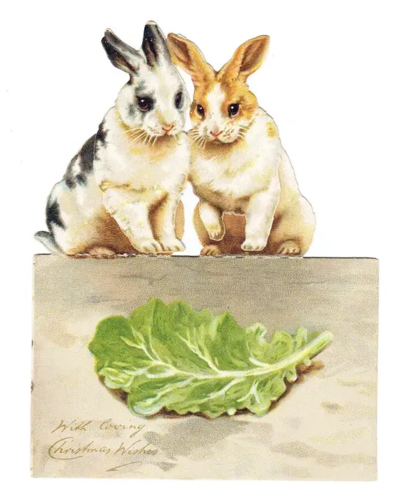 Framed Print : Two rabbits with lettuce on a cutout Christmas card Framed Print : Two rabbits with lettuce on a cutout Christmas card