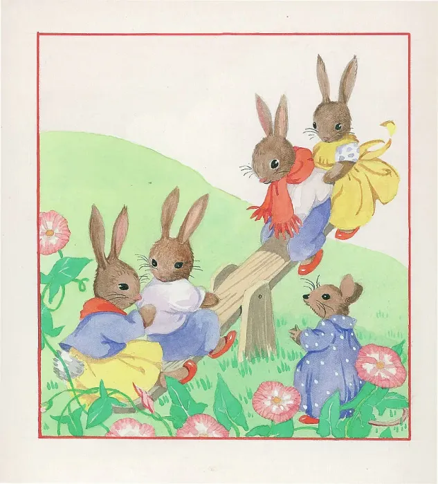 Framed Print : Rabbits on seesaw Children's Postcard design Framed Print : Rabbits on seesaw Children's Postcard design