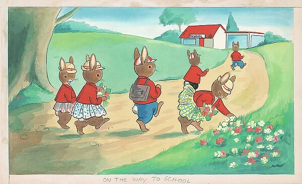 Rabbits walking along a path, picking flowers
