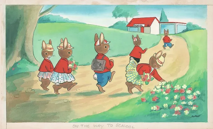 Framed Print : Rabbits walking along a path, picking flowers Framed Print : Rabbits walking along a path, picking flowers