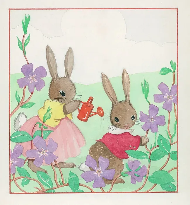 Framed Print : Rabbits with a watering can Framed Print : Rabbits with a watering can