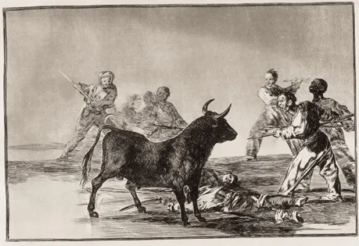 Framed Print : The rabble hamstring the bull with lances, sickles, banderil Framed Print : The rabble hamstring the bull with lances, sickles, banderil