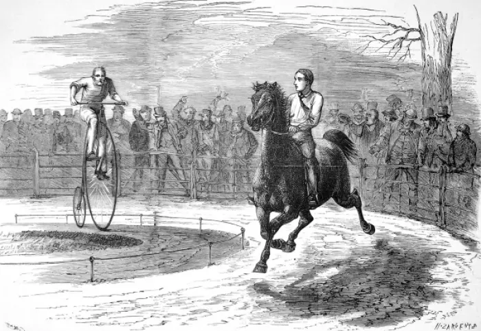 Framed Print : Race between a Bicycle and Pony, Hammersmith, 1874 Framed Print : Race between a Bicycle and Pony, Hammersmith, 1874