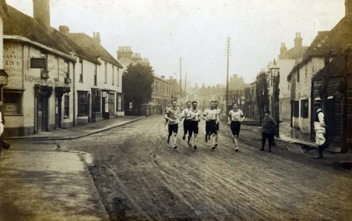 Framed Print : Race - Men Running (Showing the Plough and Harrow Inn) Framed Print : Race - Men Running (Showing the Plough and Harrow Inn)