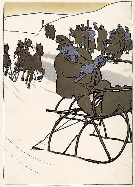 Racing horse-drawn sleighs. Date: 1909