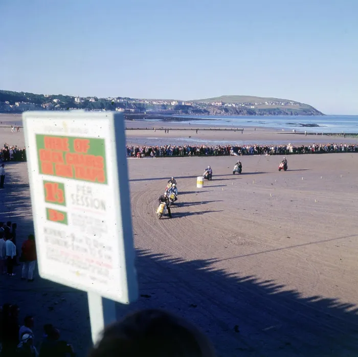 Framed Print : Racing mopeds on the beach at Douglas, Isle of Man Framed Print : Racing mopeds on the beach at Douglas, Isle of Man