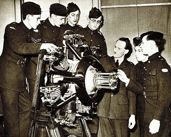 RAF cadets learning about the aero engine, WW2