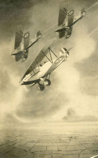Three RAF Hawker aircraft diving in formation. Date: circa 1930s