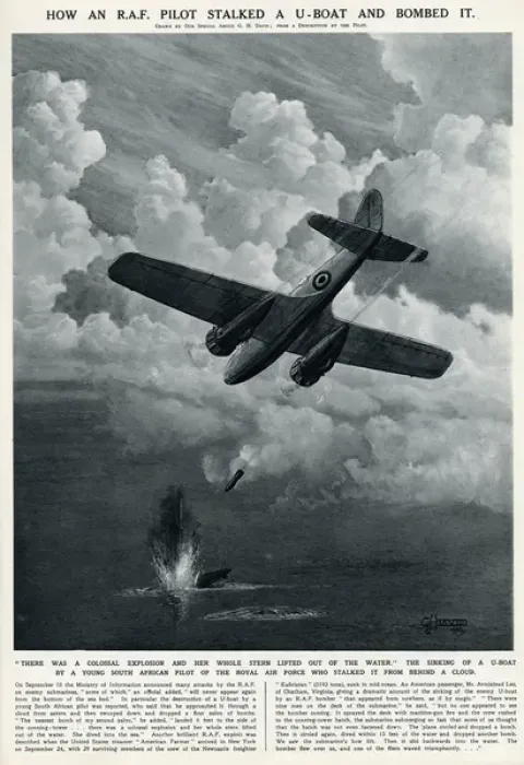 Framed Print : RAF pilot bombing U-boat by G. H. Davis Framed Print : RAF pilot bombing U-boat by G. H. Davis