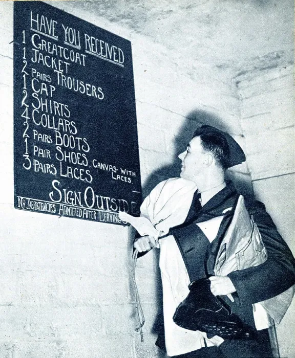 Framed Print : RAF recruit checking the kit list, WW2