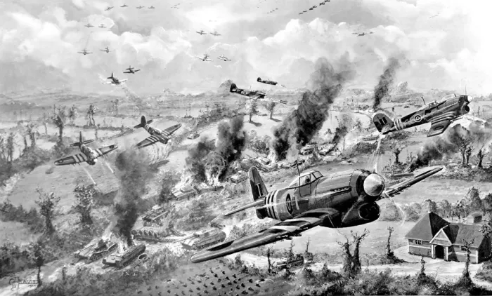 Framed Print : RAF Typhoons attack German tanks, France; Second World War Framed Print : RAF Typhoons attack German tanks, France; Second World War