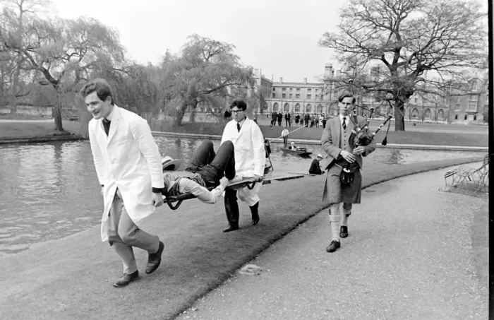 Framed Print : Rag week stunt by the river, Cambridge University Framed Print : Rag week stunt by the river, Cambridge University