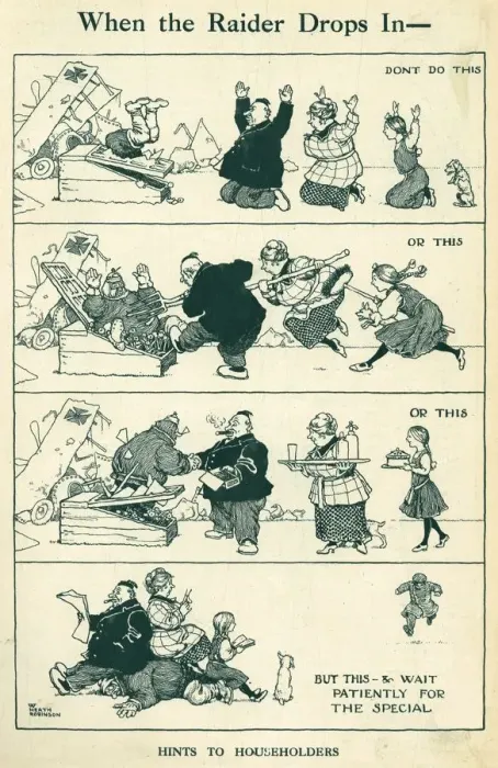 Framed Print : When the Raider Drops in by Heath Robinson Framed Print : When the Raider Drops in by Heath Robinson