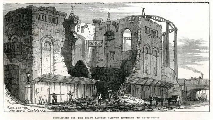 Framed Print : Railway construction, extension to Broad Street, London 1871 Framed Print : Railway construction, extension to Broad Street, London 1871