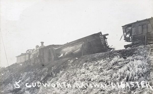 Railway disaster, locomotive engine on its side