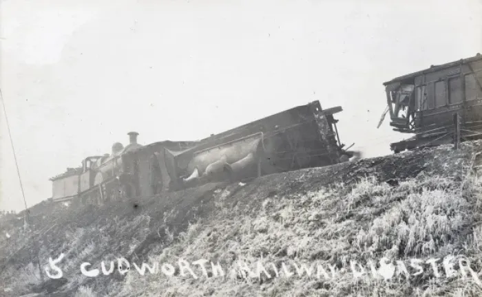 Framed Print : Railway disaster, locomotive engine on its side Framed Print : Railway disaster, locomotive engine on its side
