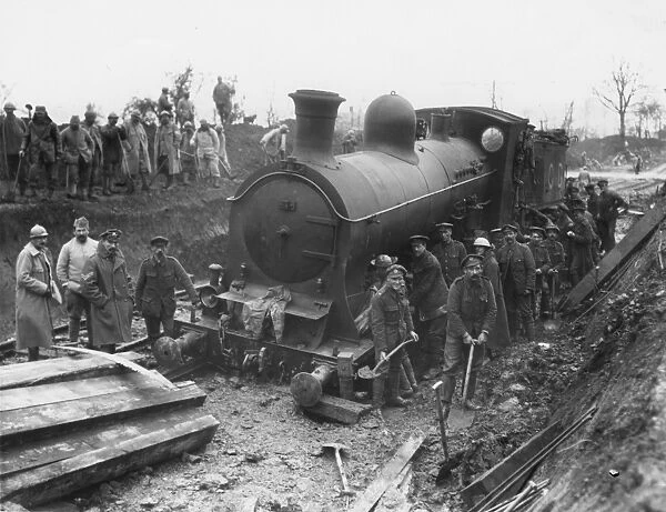 Railway engine run off the lines, Maricourt, France, WW1