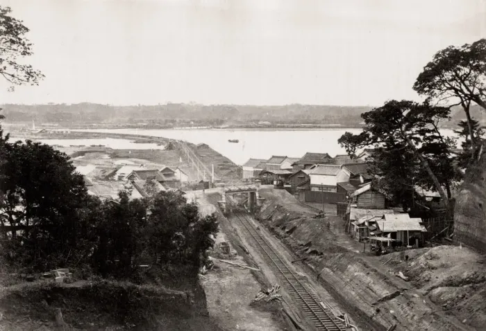 Framed Print : Railway at Kanagawa, Noge, Japan, c. 1870 s Framed Print : Railway at Kanagawa, Noge, Japan, c. 1870 s