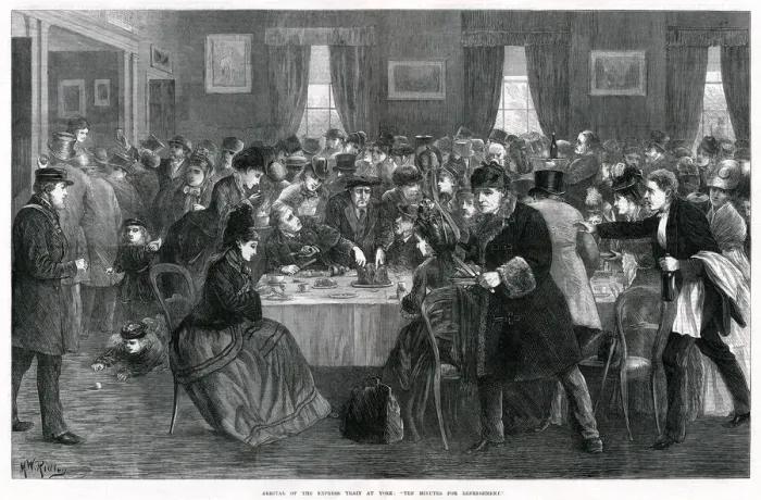 Framed Print : Railway passengers taking refreshments at York Station 1872 Framed Print : Railway passengers taking refreshments at York Station 1872