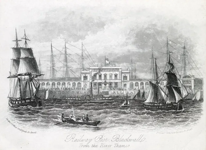 Framed Print : The Railway Pier, Blackwall, viewed from the Thames. A paddle steamer Framed Print : The Railway Pier, Blackwall, viewed from the Thames. A paddle steamer