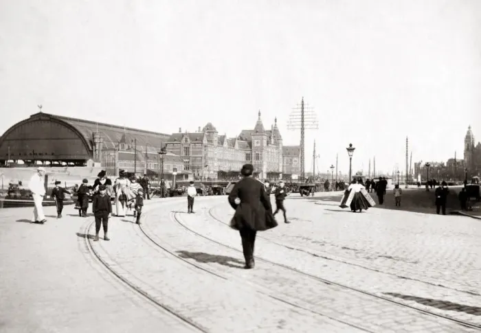 Framed Print : Railway station, Amsterdam, 1890s. Date: 1890s Framed Print : Railway station, Amsterdam, 1890s. Date: 1890s